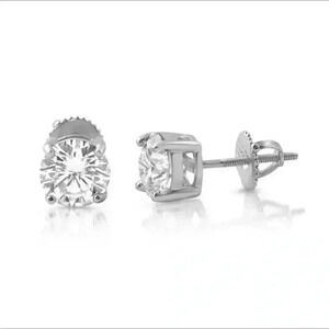 Certified 2 CTW Rhodium D Color VVS1 Moissanite Solitaire Stud Earrings